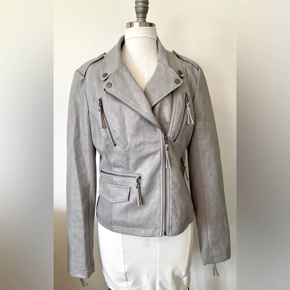 Faux Gray Leather Zipper Bomber Jacket. BNCI by Blanc Noir. Size Medium.